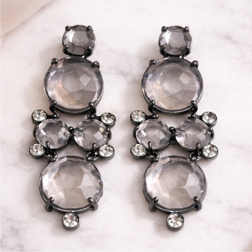J.Crew Crystal Chandelier Earrings Clear Smoky Gray Gunmetal Statement Glam